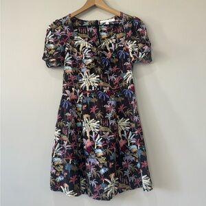 Urban Revivo Tropical Print Safari Short Sleeve Dress Multicolor Palms Size 4
